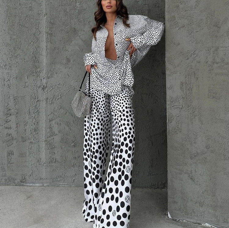 Polka Dot Print Loose Long Sleeve Shirt Wide Leg Pants Fashion Two Piece Set 3