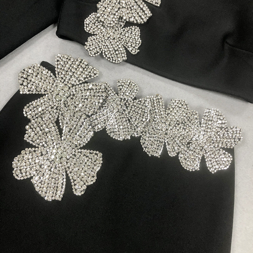 Women Sexy Elegant Beaded Long Sleeve Top and Long SkirtTwo Piece Set 9