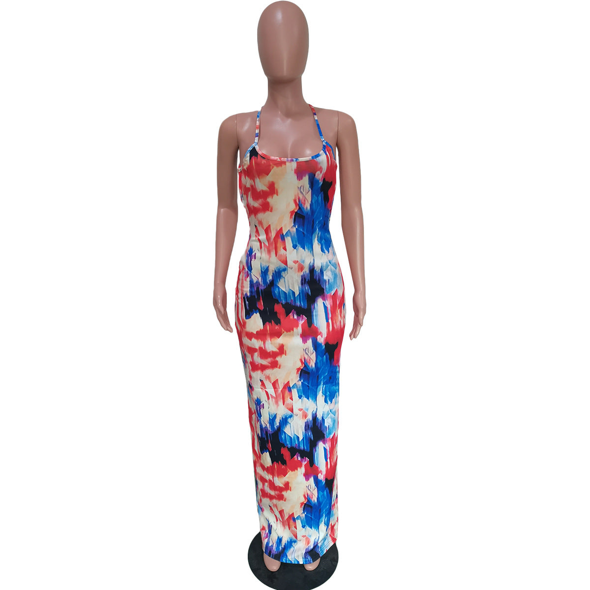 Women's Tie Dye Print Sling Low Back Slit Dress 17