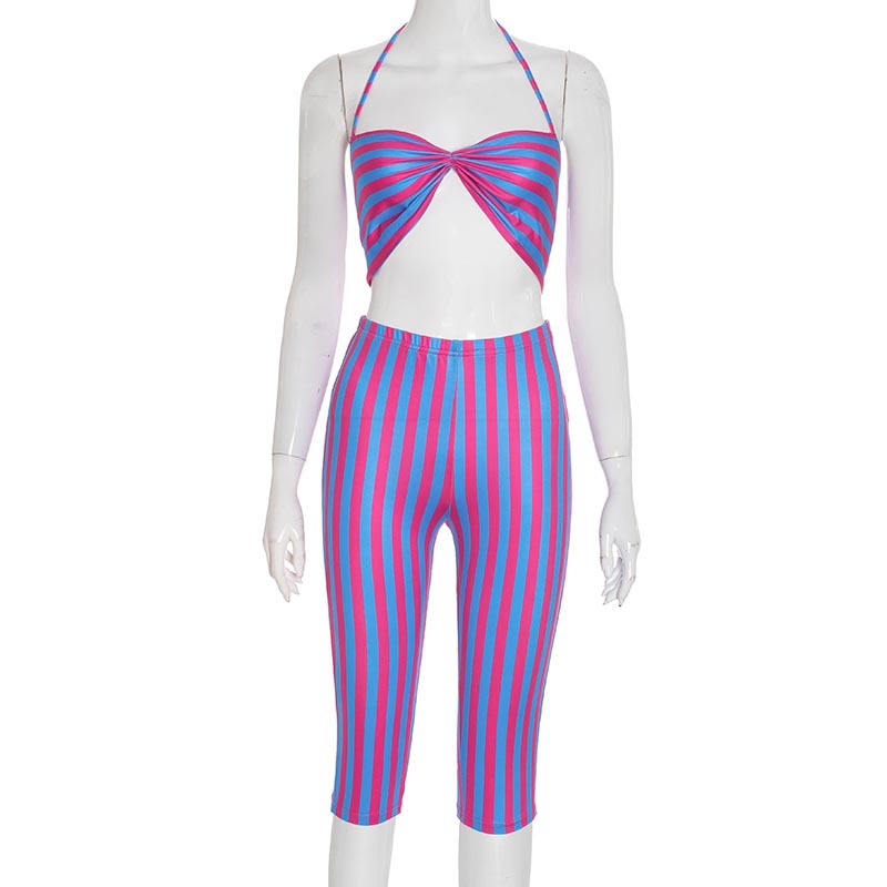 Women Contrast Striped Halter Neck Top and Capri Pants Two-Piece 31