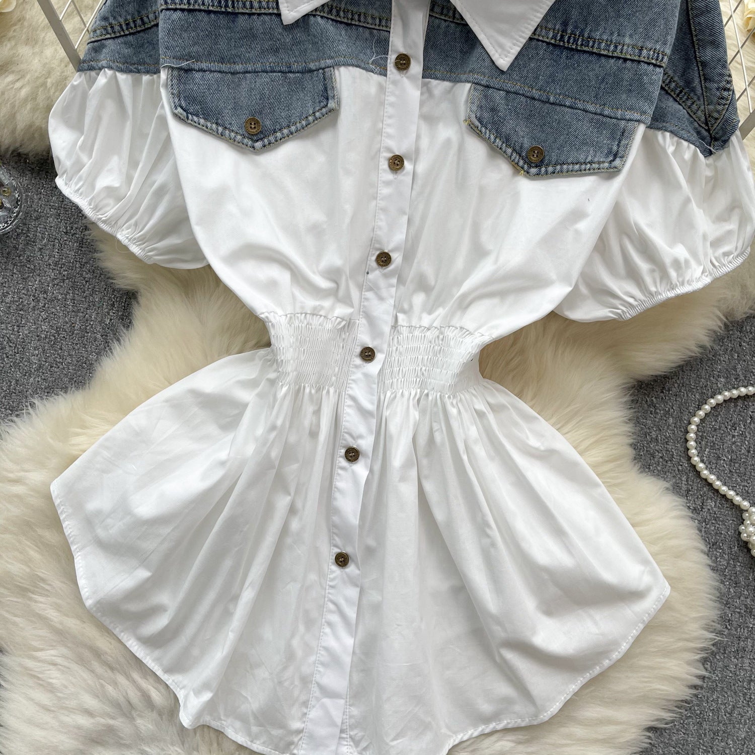 Women Contrast Patchwork Puff Sleeve Stretch Shirt 26