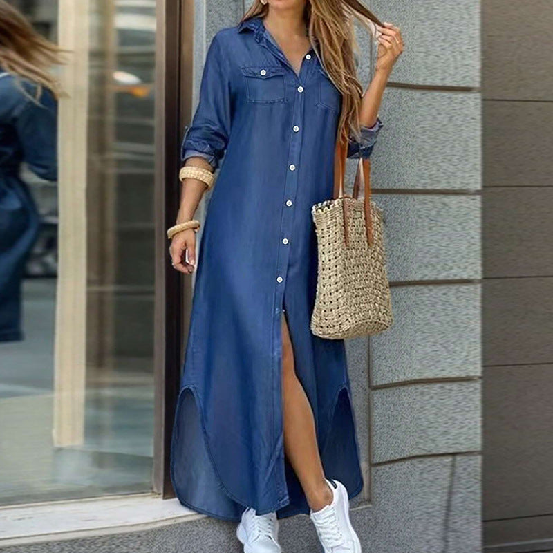 Spring Autumn Fashion Turndown Collar Button Denim Long Sleeve Long Dress 3