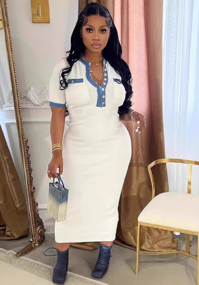 Denim Patchwork Round Neck Metal Button Slim Women's Knit Dress