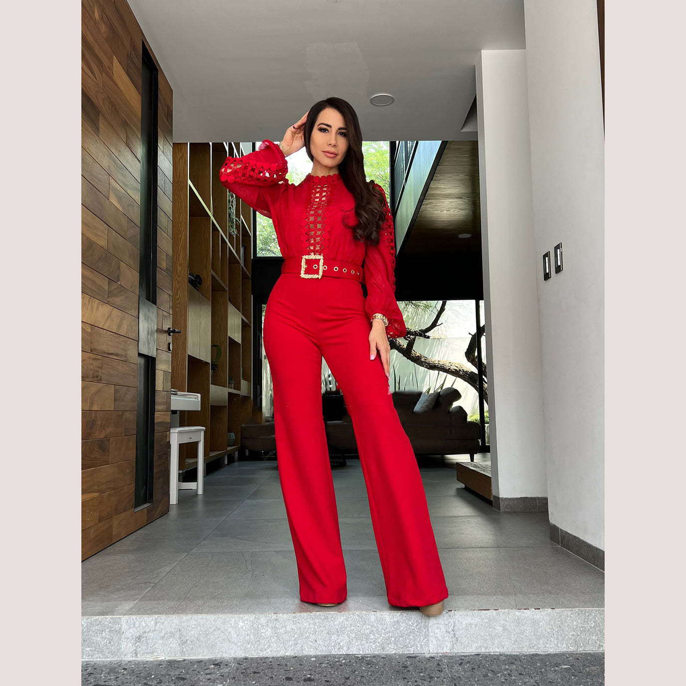 Women Elegant Lace Patchwork Lace-Up Wide-Leg Jumpsuit 23