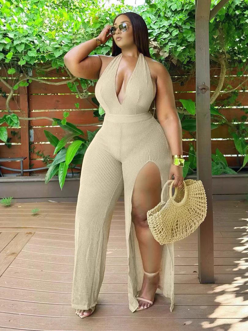 Women's Summer Casual Halter-Neck Jumpsuit with Irregular Slit Leg 5