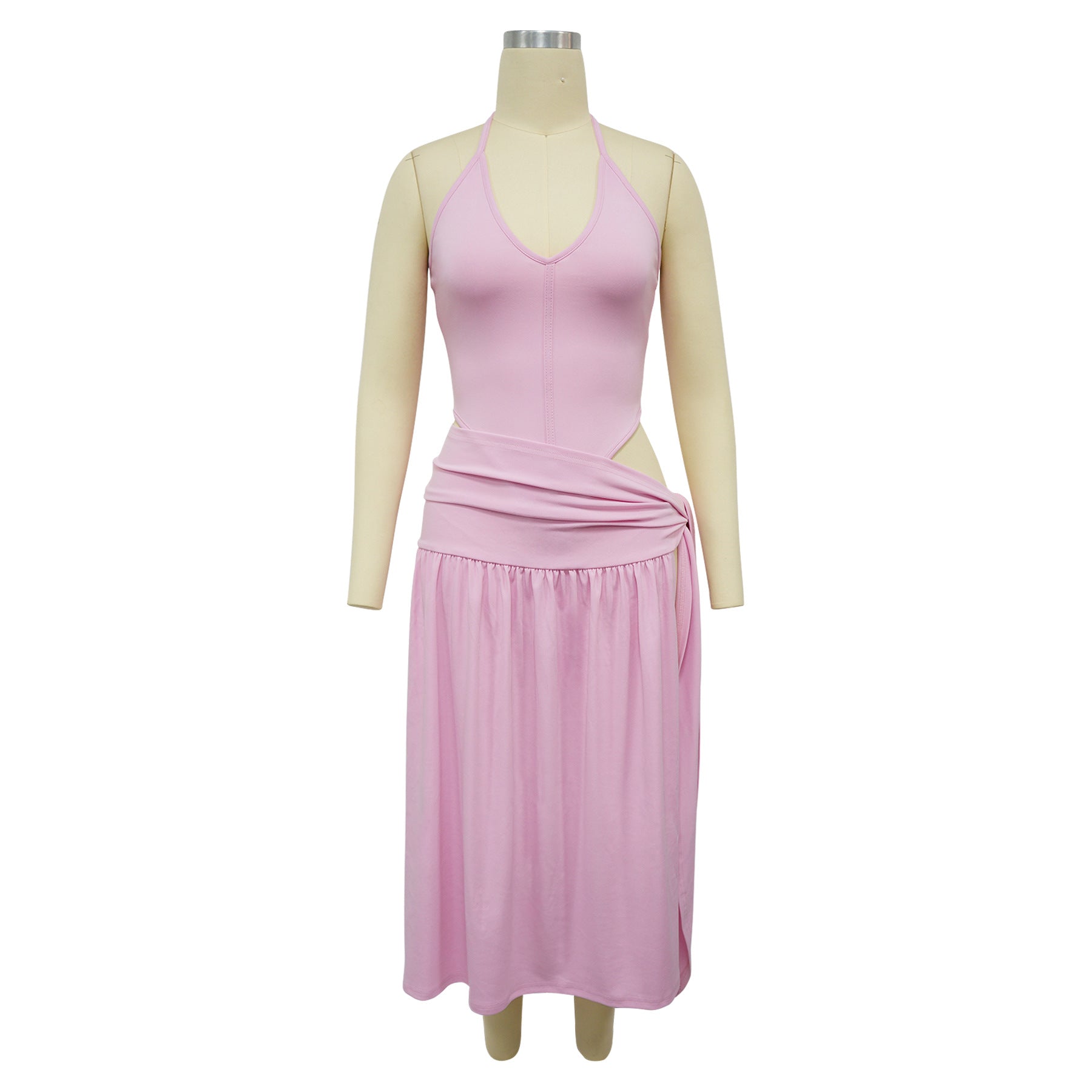 Women's Solid Color Lace-Up Sexy Slit Skirt Bodysuit Two Piece Set 7