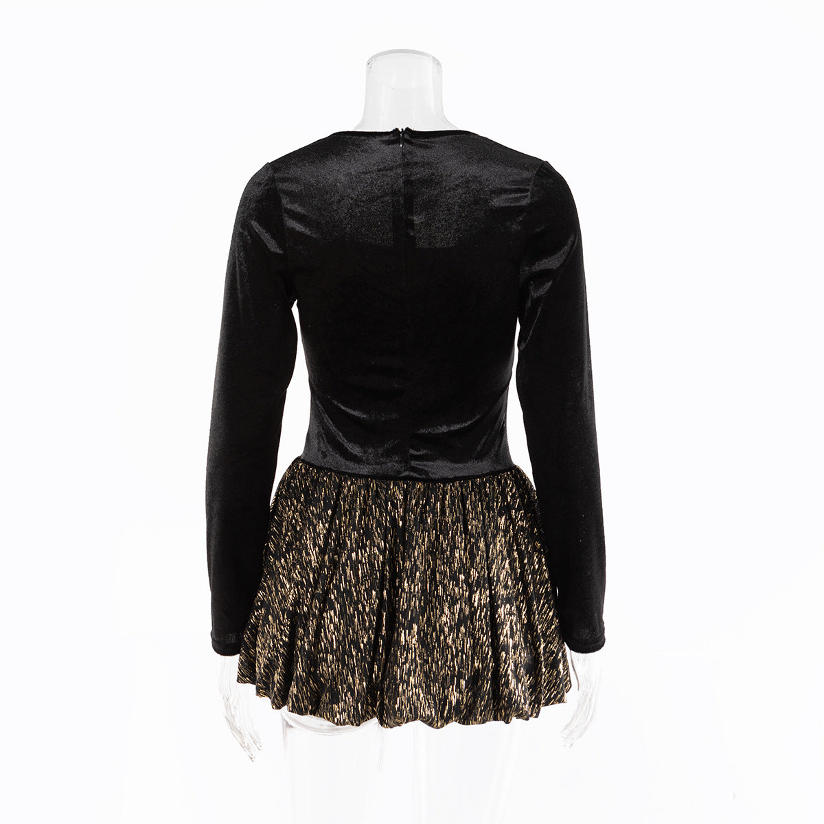 Women U-Neck Velvet Patchwork Shiny Texture High Waist Bubble Dress 7