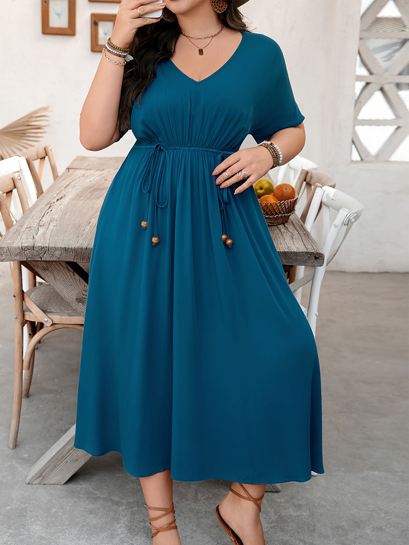 Women's Fashion Elegant V-Neck Short Sleeve Slim Waist Plus Size Dress 5