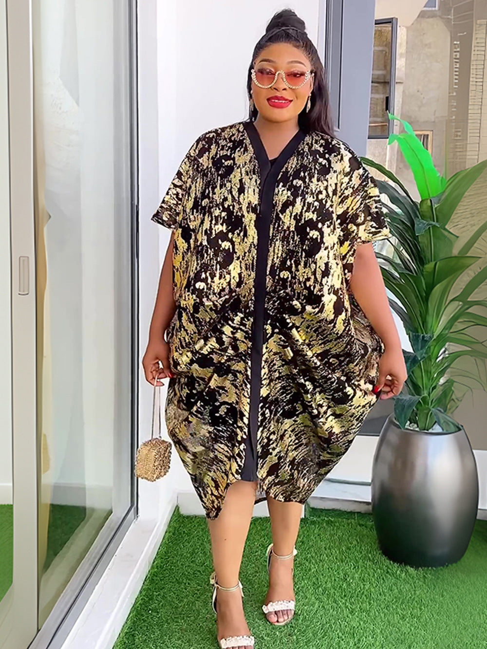 African Plus Size Women's Shiny Mesh Dress Strap Solid Basic Dress Two Piece Set 4