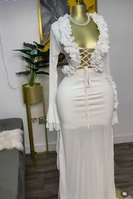 Women ribbon cardigan lace top Sexy slit Bodycon Skirt Two Piece Set