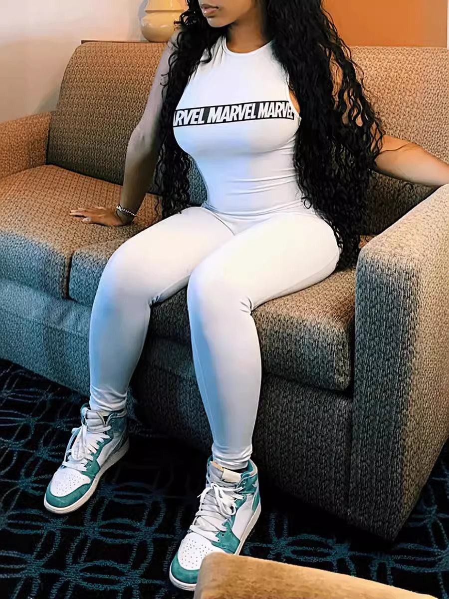 Women's Casual Sports Street Slim Letter Print Round Neck Sleeveless Jumpsuit 3