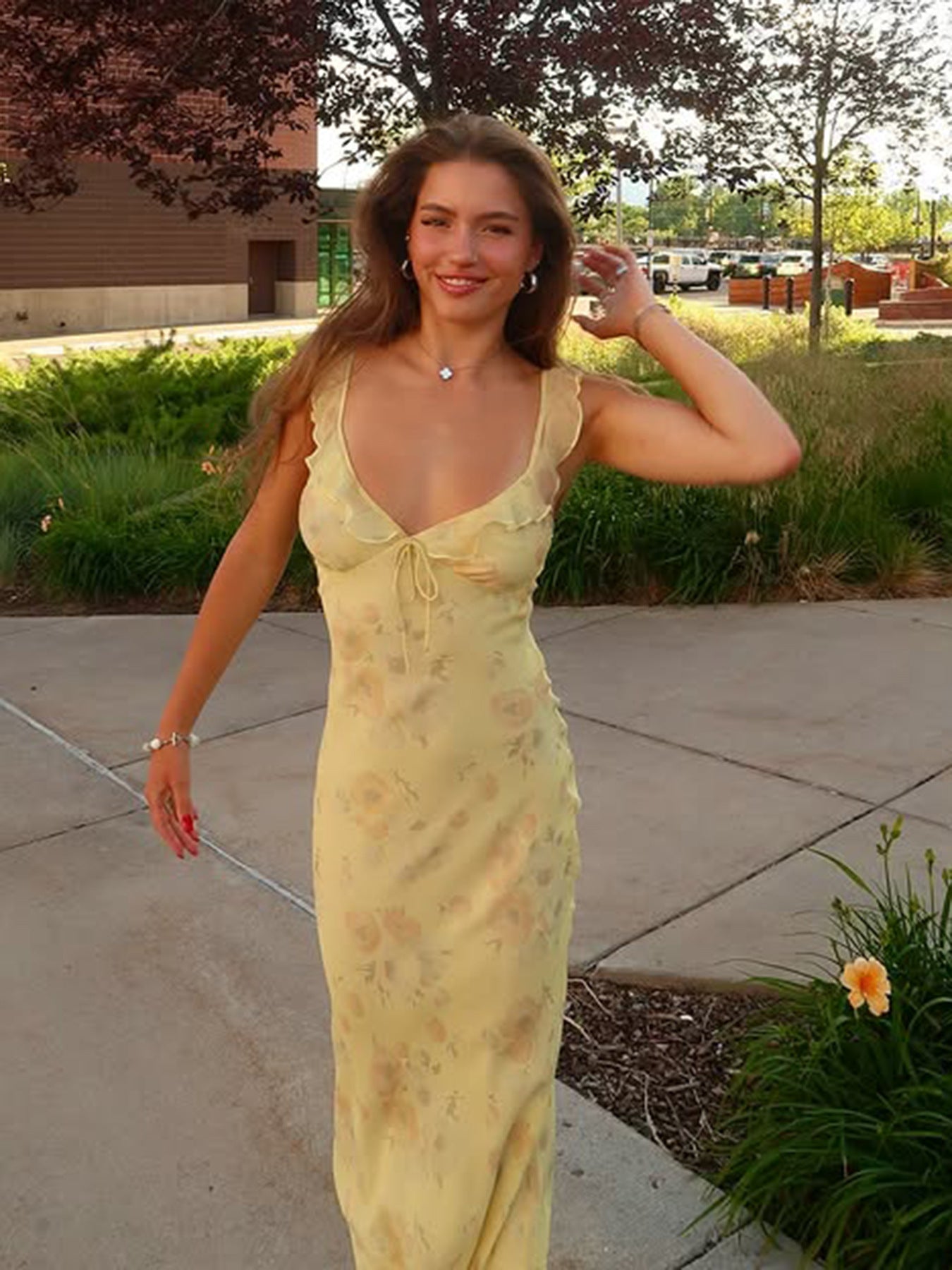 Chic Holidays Floral Strap Ruffle Sexy Flying Sleeve Long Dress 5