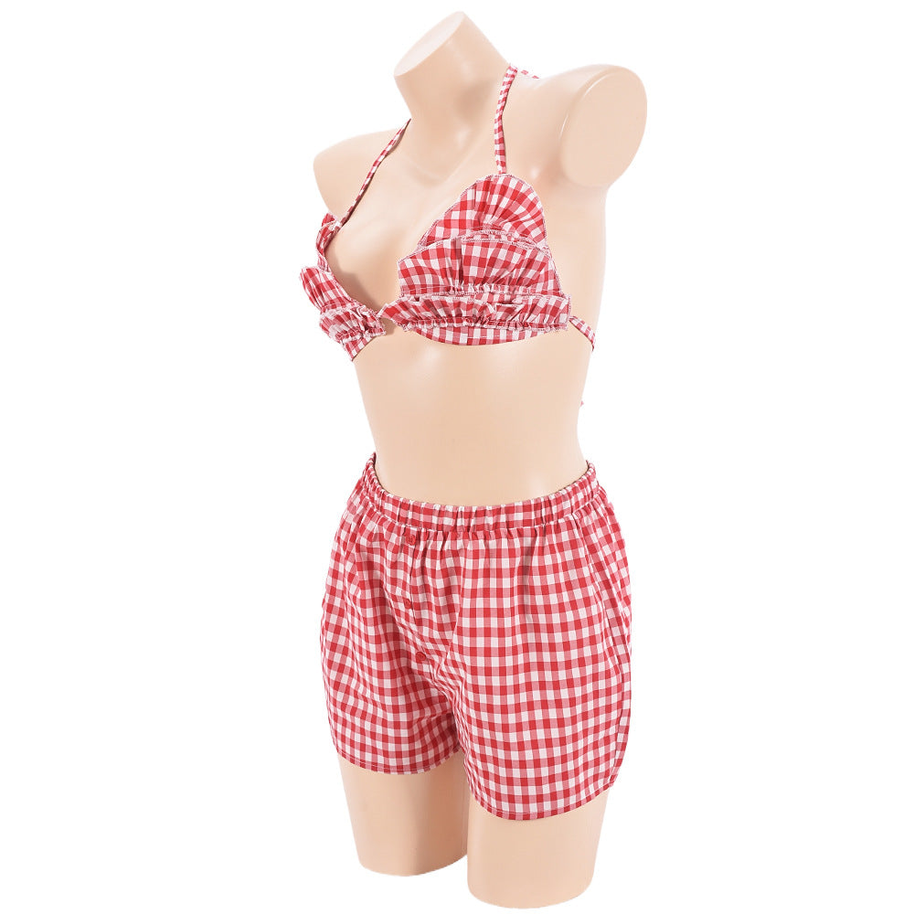 Women’s Summer Plaid Lace-Up Crop Top Shorts Set 7