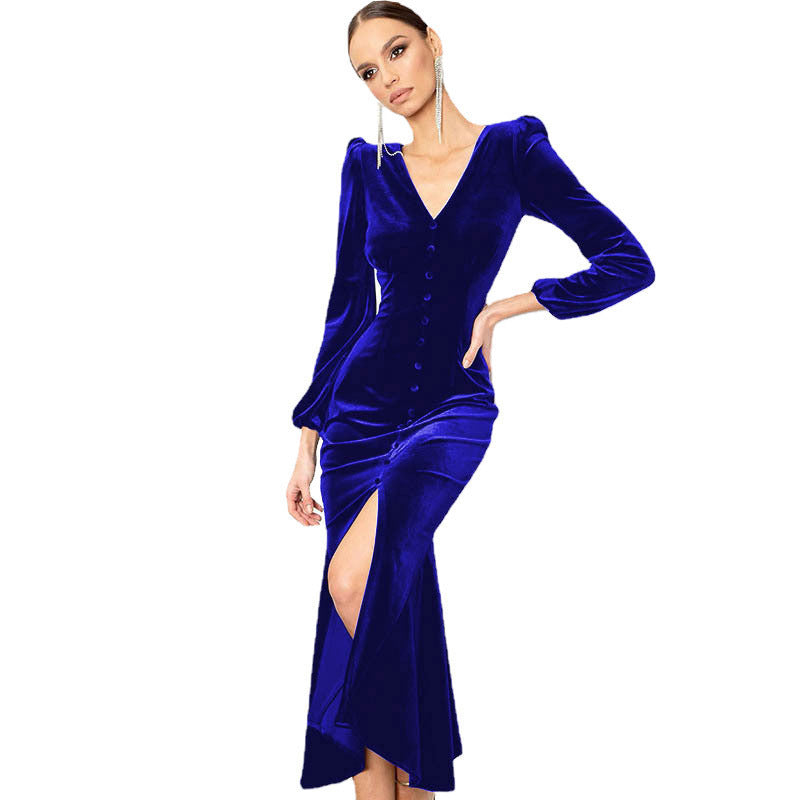 Women Autumn Knittingv Collar Solid Padded Shoulder Long Sleeve Slit Evening Dress