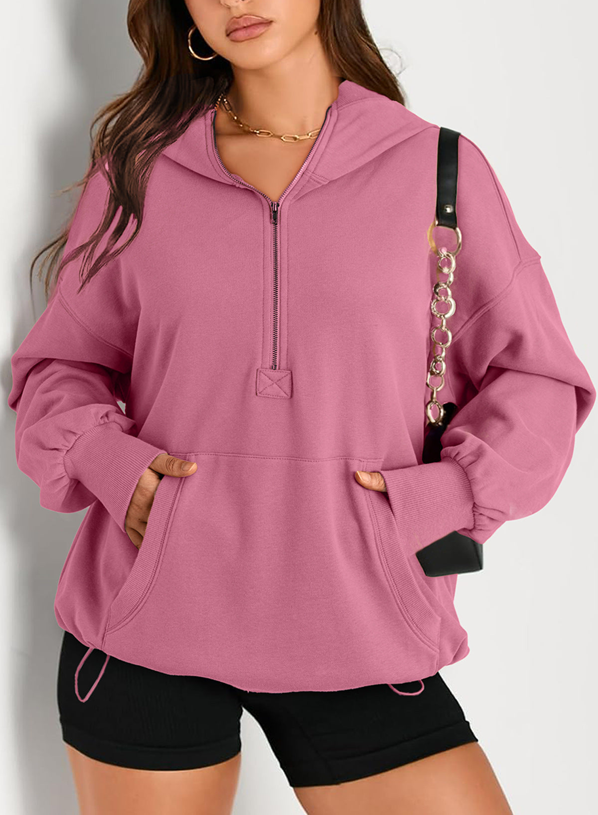 Autumn and winter women's solid color long-sleeved hooded zippered pocket hoodies 6