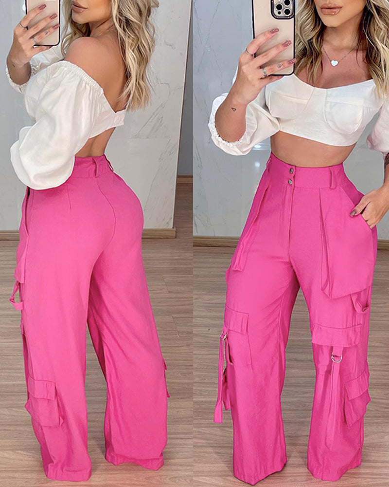 Women Rose Casual Patch Pocket Cargo Pants