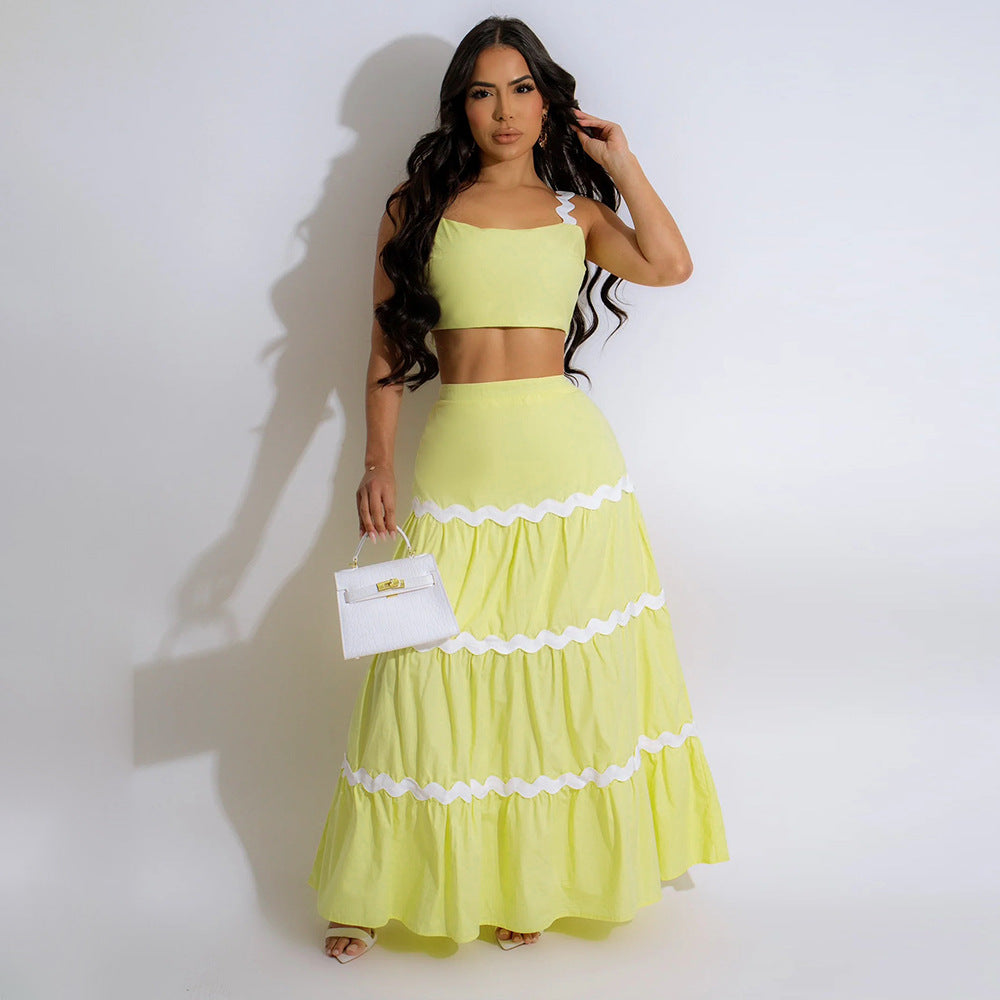 Women Sexy Suspender Crop Top and Skirt Two-piece Set 3