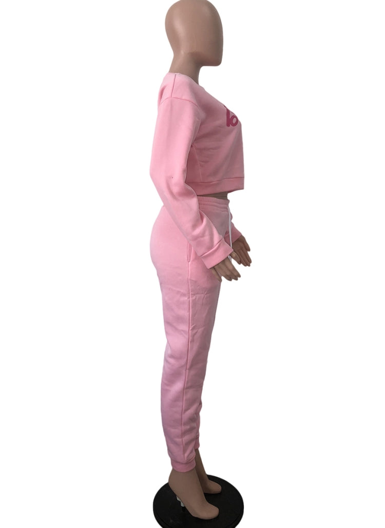 Winter Casual Letter Printed Pink Rouned Neck Long Sleeve Sweatshirt And Sweatpants Two Piece Wholesale Sportswear 4