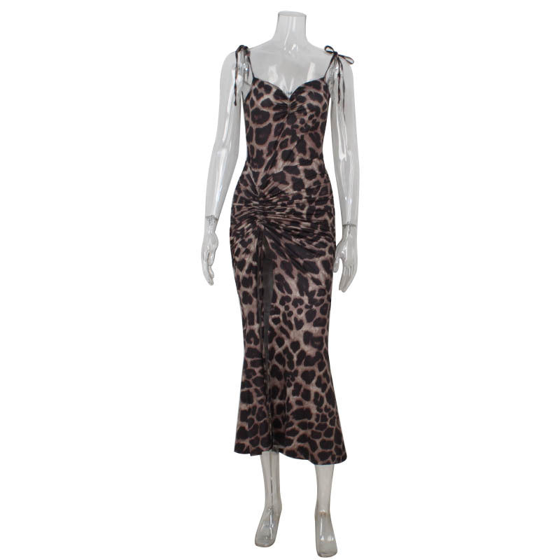 Women's Summer Sexy Leopard Print Slit Strap Maxi Dress 6