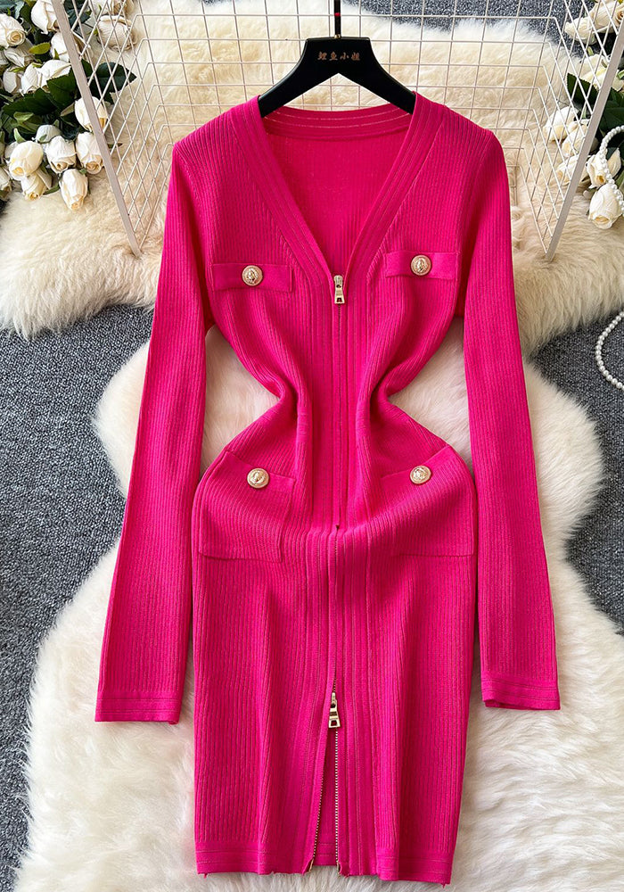 Sexy V-Neck Zipper Long Sleeve Dress Autumn Metal Button Slim Waist Knitting Sweater Dress