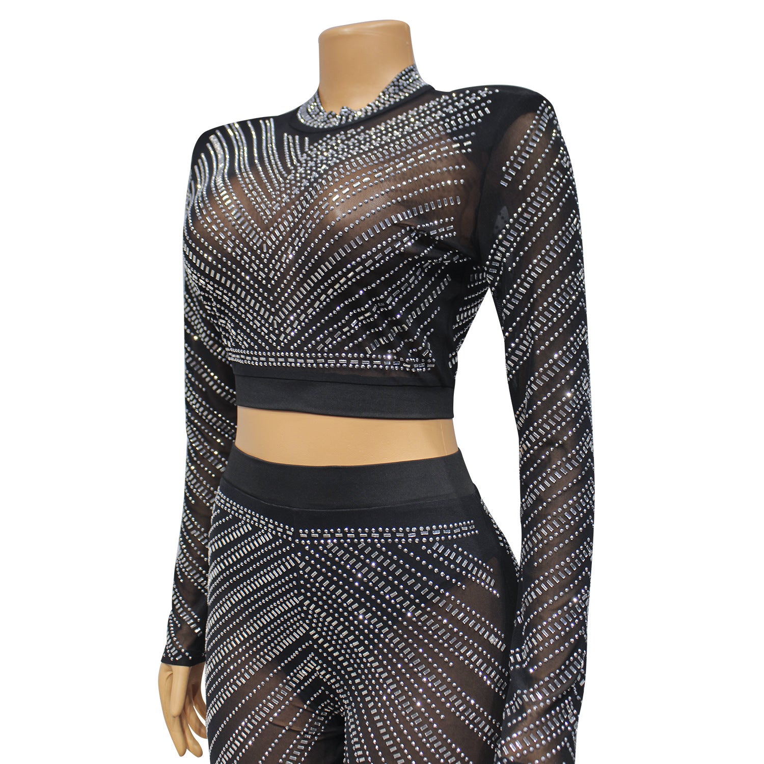 Summer Women's Sexy Tight Fitting Mesh See-Through Long Sleeve Beaded Two-Piece Suit 13