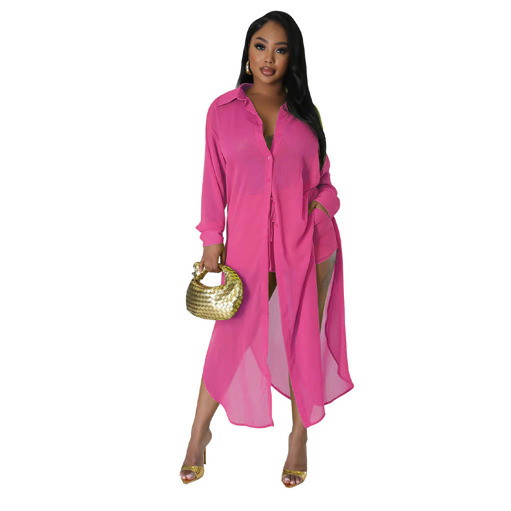 Women See-Through Solidchiffon Long Shirt and Shorts Two-Piece Set 11