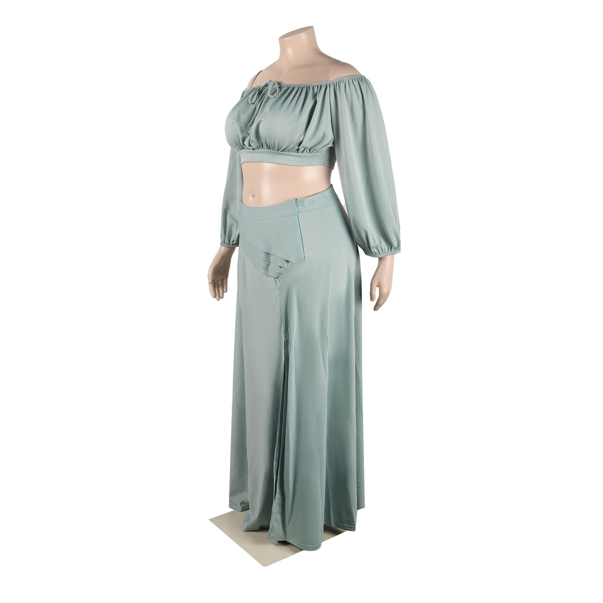 Plus Size Women Sexy Off Shoulder Balloon Sleeve Top and Skirt Two-Piece Set 15