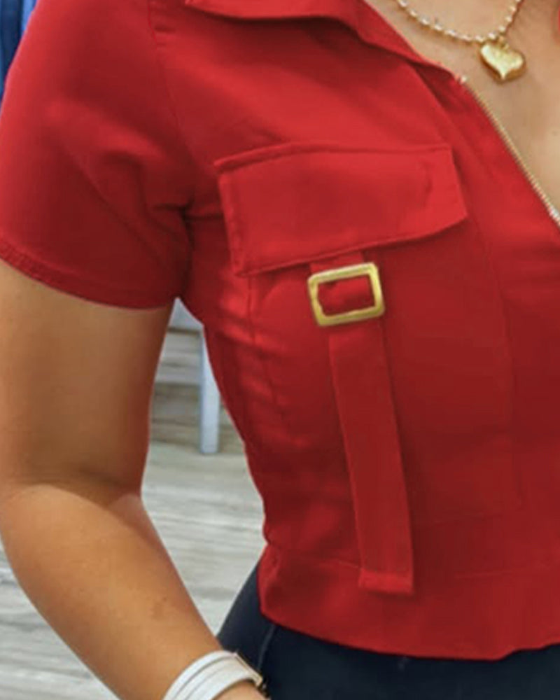 Women's Red Short-sleeved Casual Patch Pocket Turndown Collar Shirt Top 5