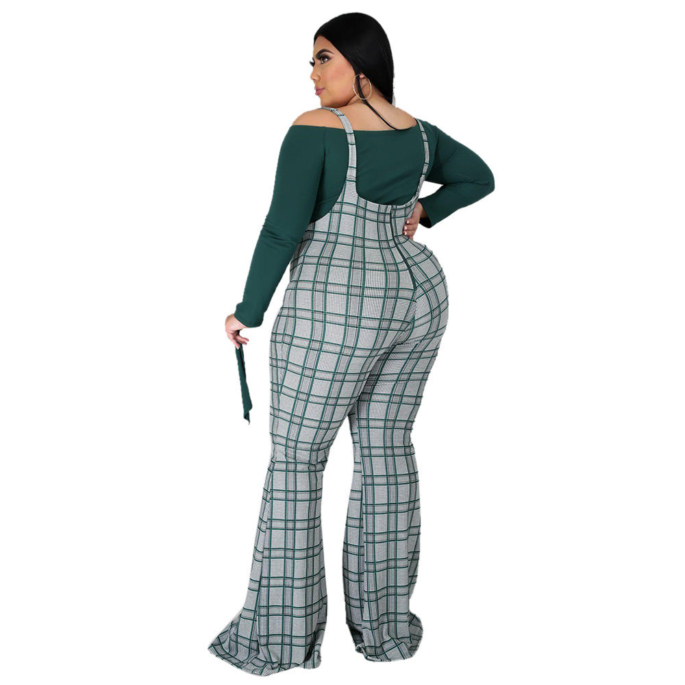 Plus Size Women Long Sleeve Top and Plaid Suspenders Set