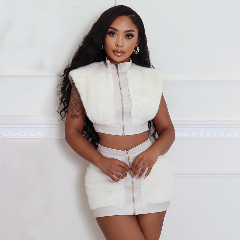 Women Patchwork Pu-Leather Sexy Top and Skirt Two Piece Set 3