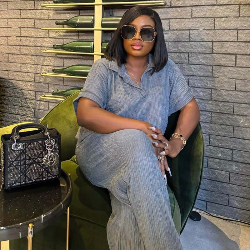 Plus Size Women African summer Turndown Collar Top And trousers two-piece set