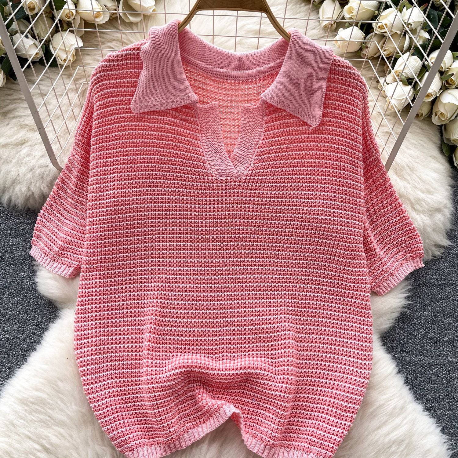 Women's Summer Turndown Collar Short Sleeve Hollow Knitting Top Tight Fitting Shorts Fashion Two Piece Set 12