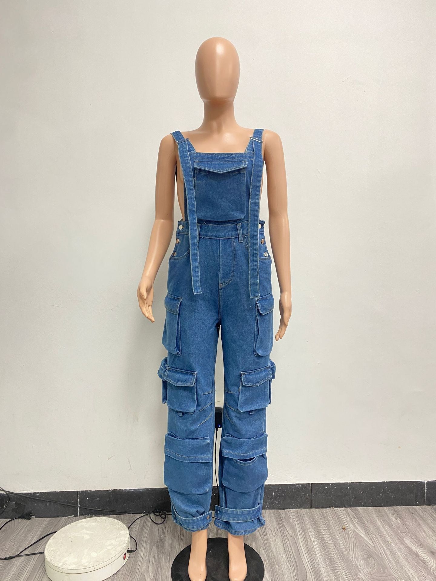 Women style washed Denim loose cargo overalls 15
