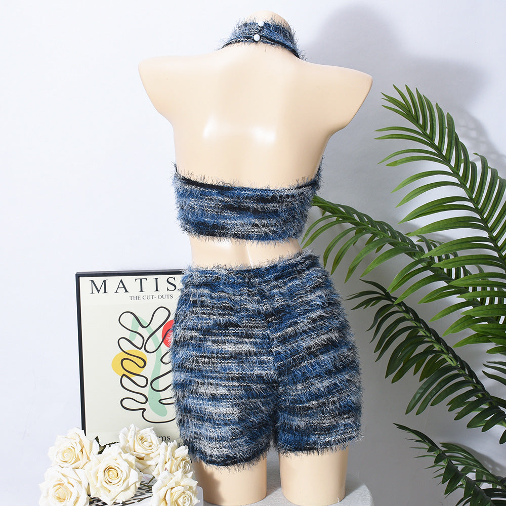 Summer Women's Slim Fit Low Back Crop Top Knitted Shorts Set 8