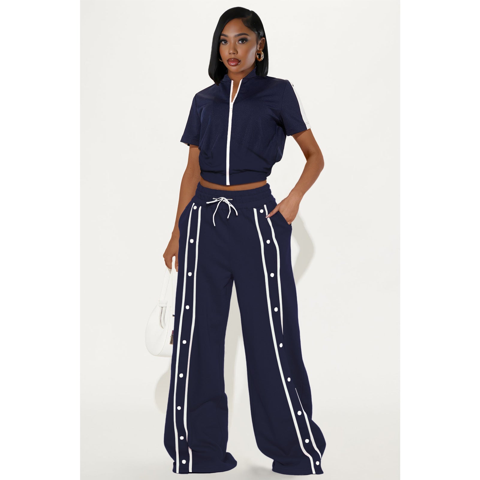 Women's Sports Two-Piece Set Buttoned Loose Pocket Wide-Leg Pants & Short Sleeve Zipper Top 6