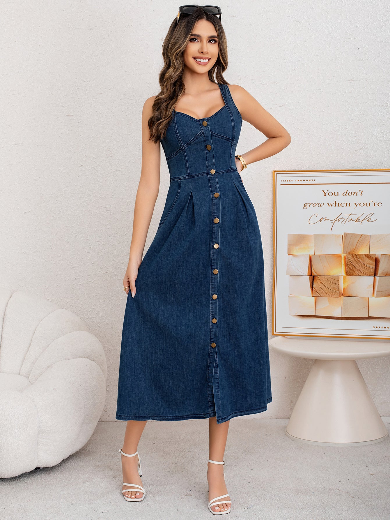 Women Spring/Summer Denim Button Stretchy Slip Dress 3