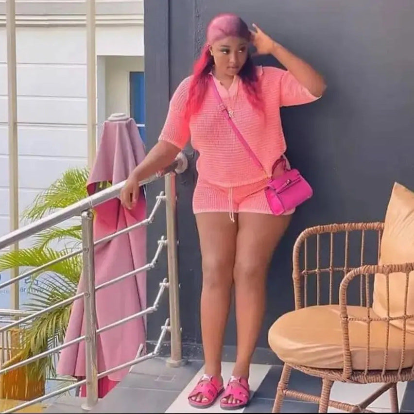 Women's Summer Turndown Collar Short Sleeve Hollow Knitting Top Tight Fitting Shorts Fashion Two Piece Set