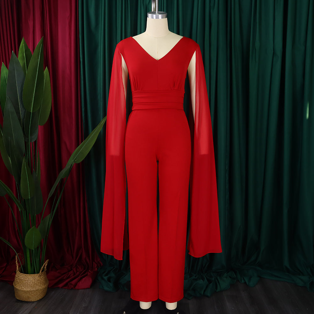 Plus Size African Women V-neck Top and Wide Leg Pants Two-piece Set 20