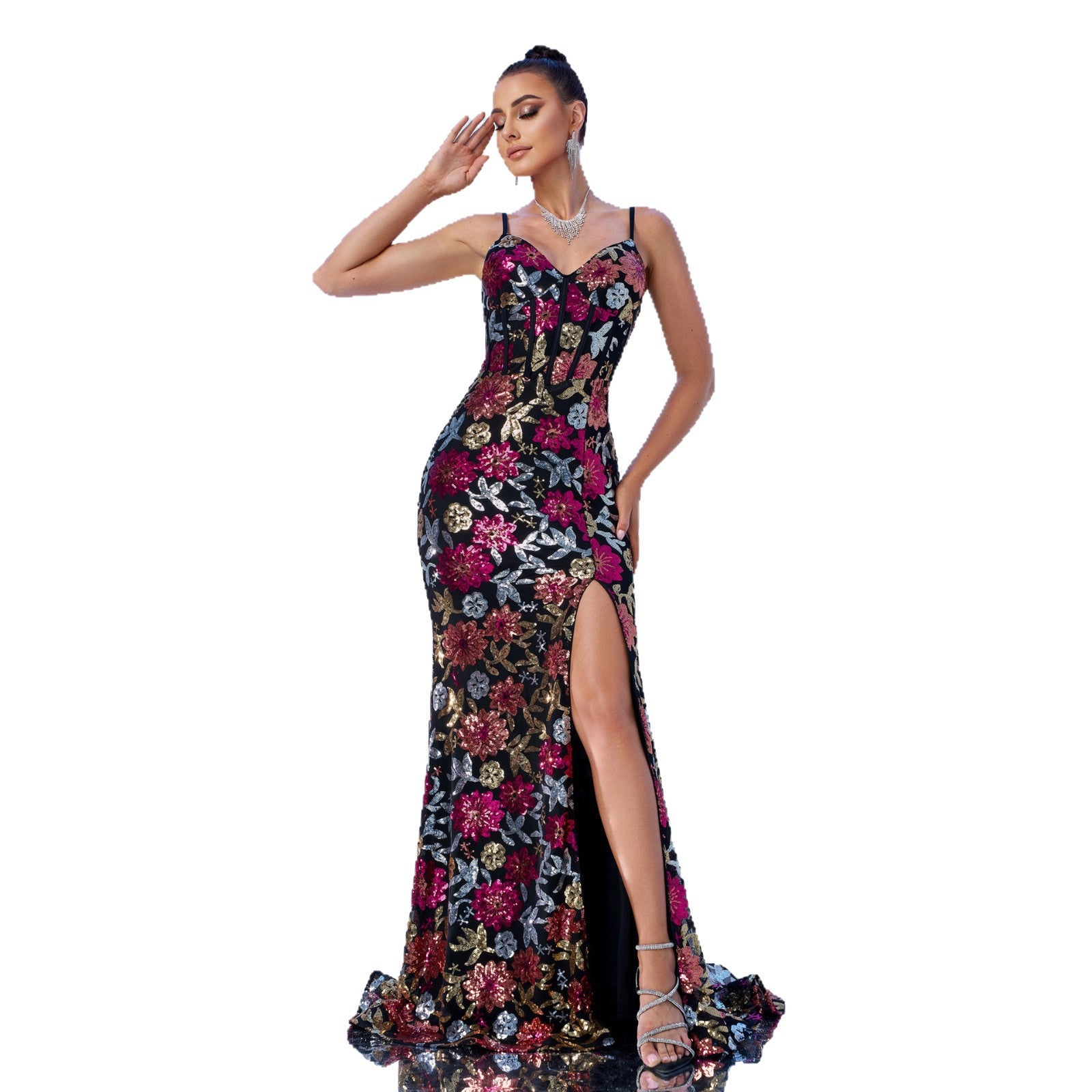 Women suspender v-neck Bodycon sequin Formal Party slit evening dress 6