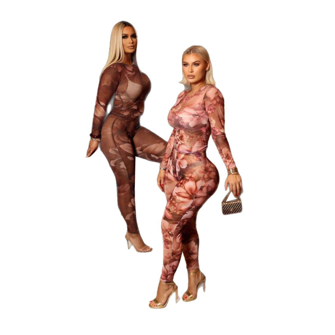 Autumn Winter Women's Hot Style Floral Print Sexy Round Neck Long Sleeve Tight-Fitting Pants Set 7