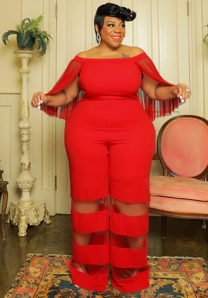 Women'S Off Shoulder Mesh Patchwork Sexy Casual Chic Plus Size Jumpsuit