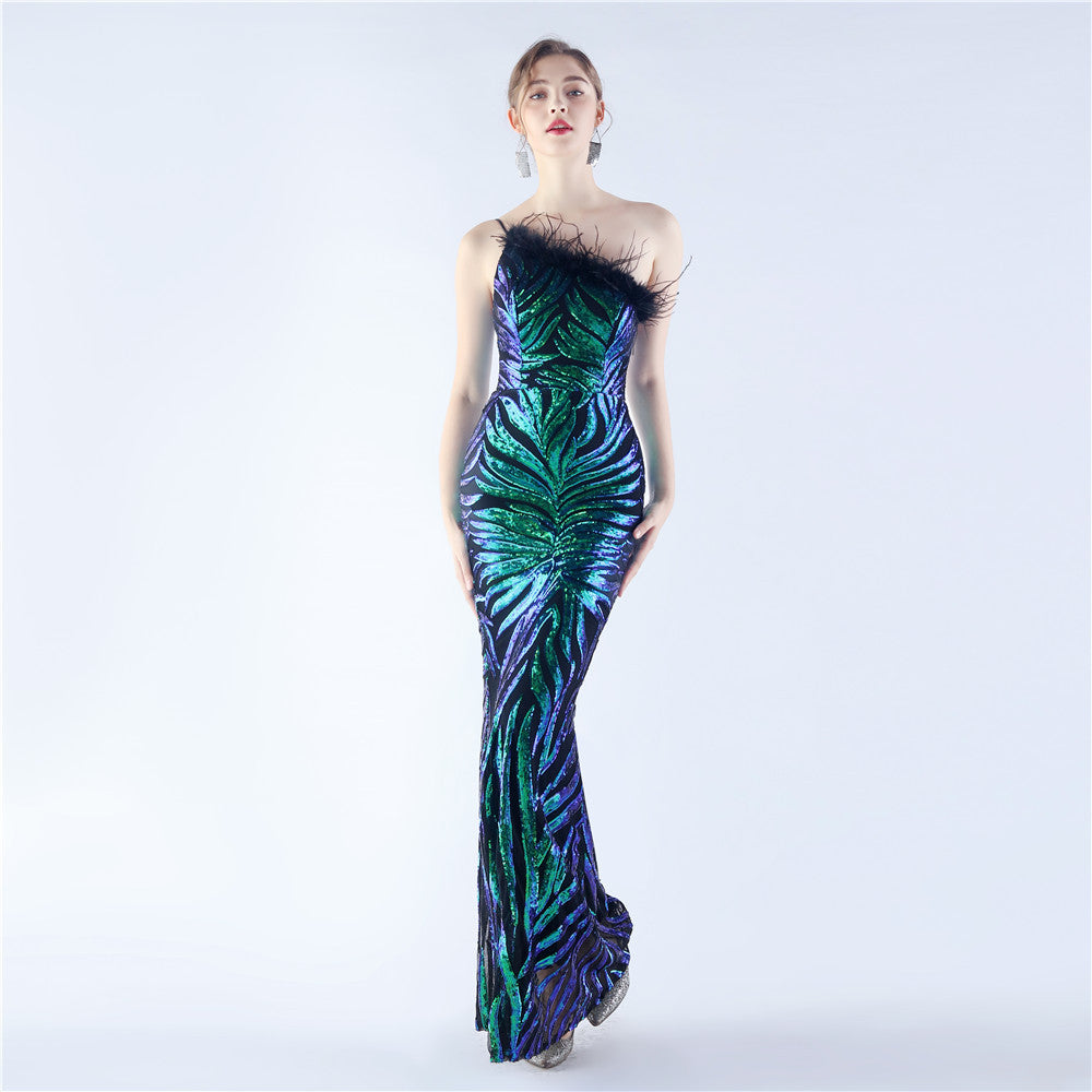 Women Sequined Ostrich Feather Slash Shoulder Evening Gown 7