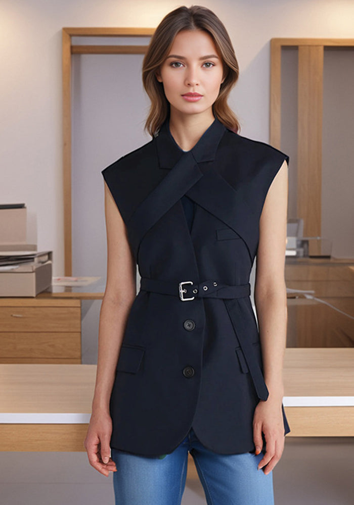 Patchwork Cross Tie Vest Solid Color Sleeveless Blazer for Women