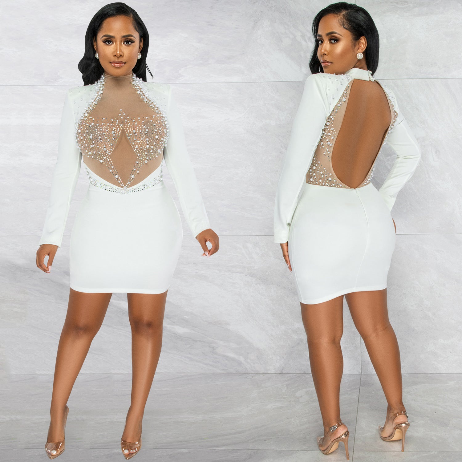 Fashion Sexy Nightclub Beaded Mesh See-Through Bubble Beads Low Back Long Sleeve Mid Skirt Dress Women 5