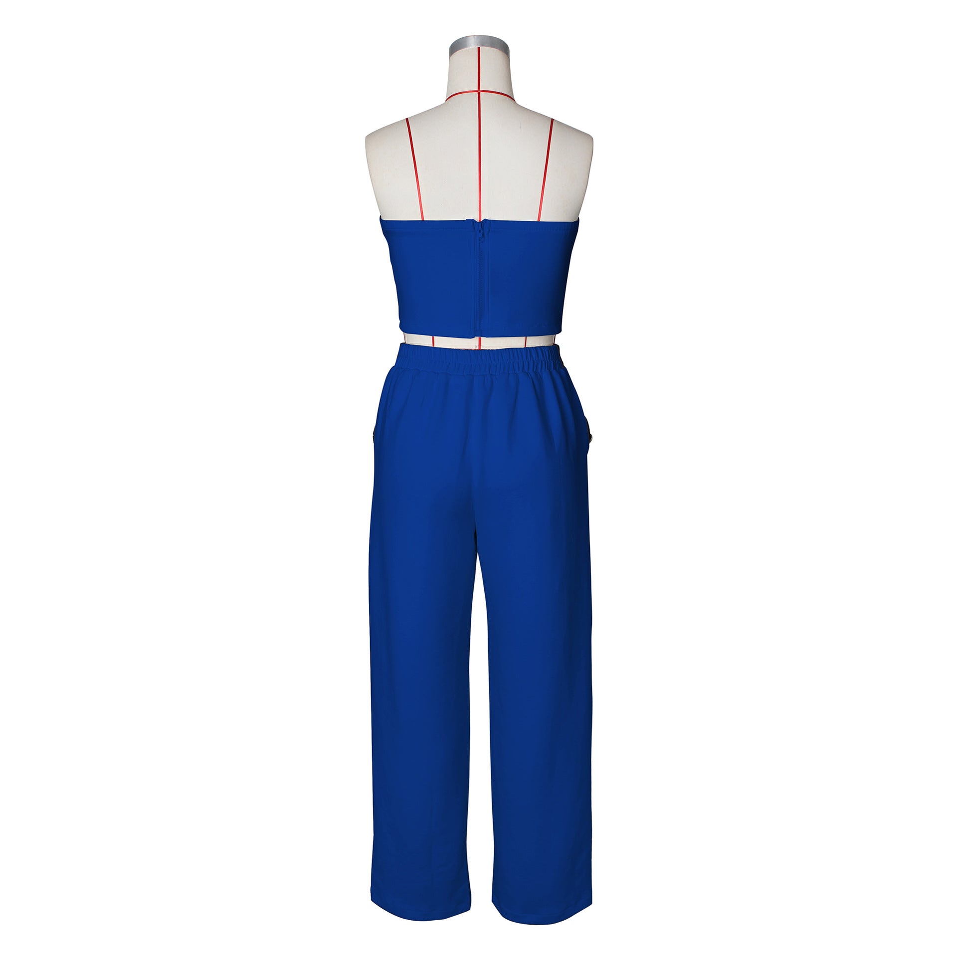 Sexy Color Blocked Decorative Button Straight High Waist Wide Leg Women's Pants Set 29