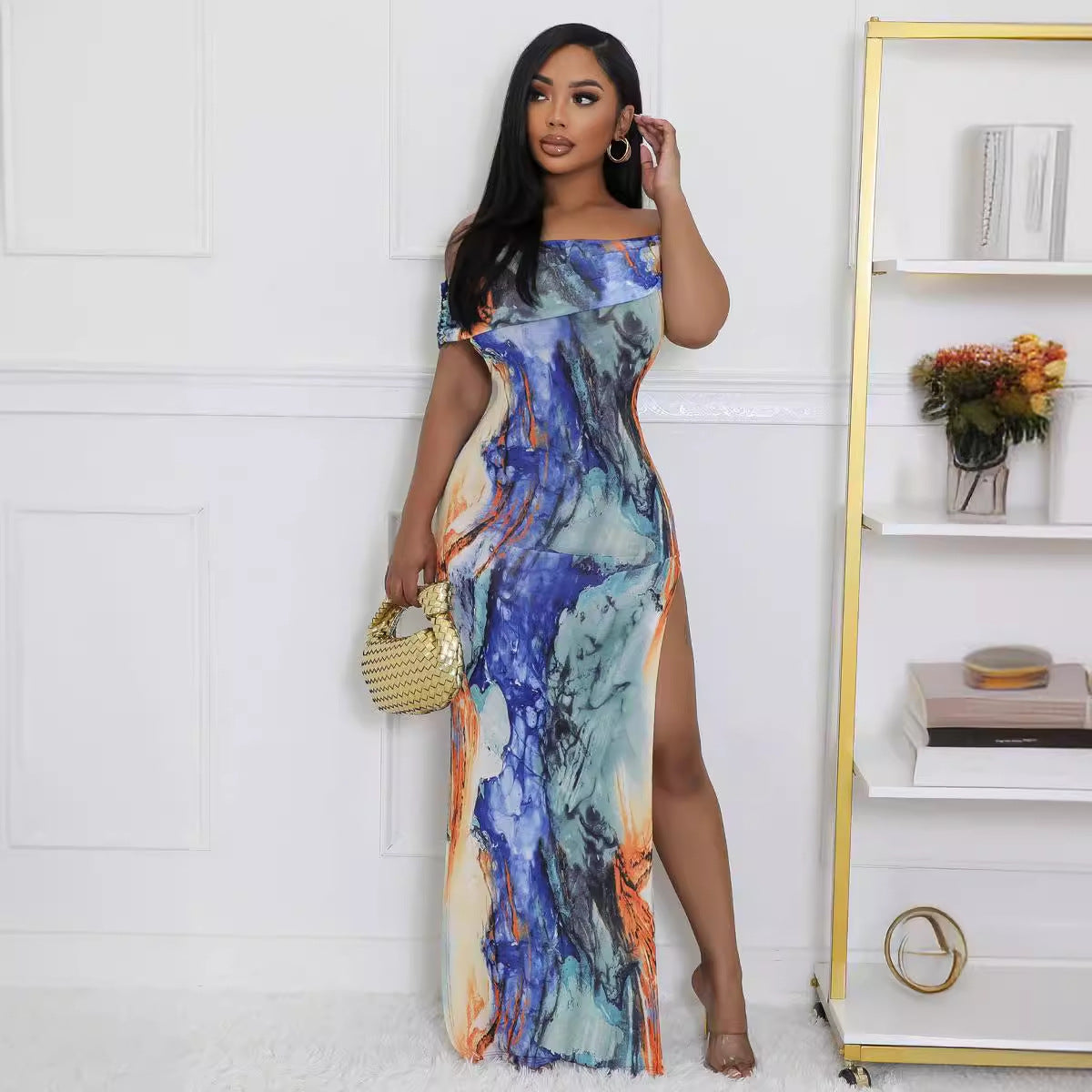 Women sexy printed slit dress 4