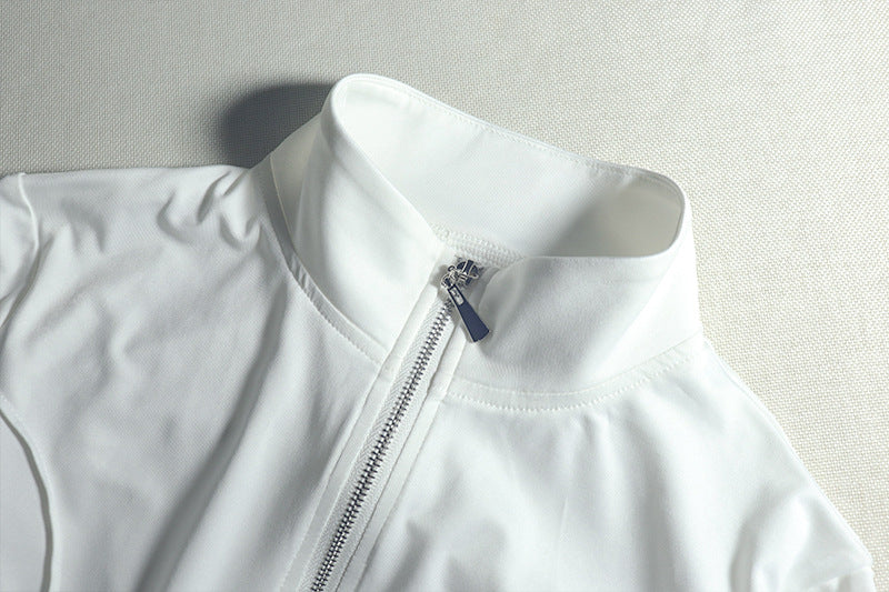 Women Pleated Zipper Solid Long Sleeve Stand Collar Crop Top and Long PantsTwo Piece Set 8