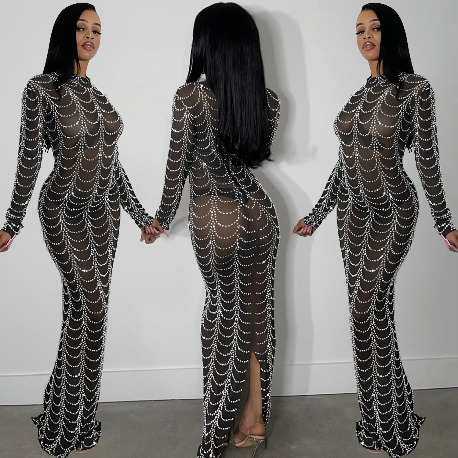 sexy rhinestone bead long sleeve see through long club dress