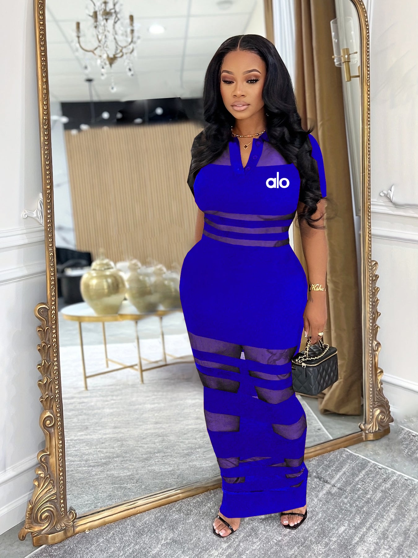 Women Sexy Mesh Patchwork Polo Neck Bodycon Dress 5