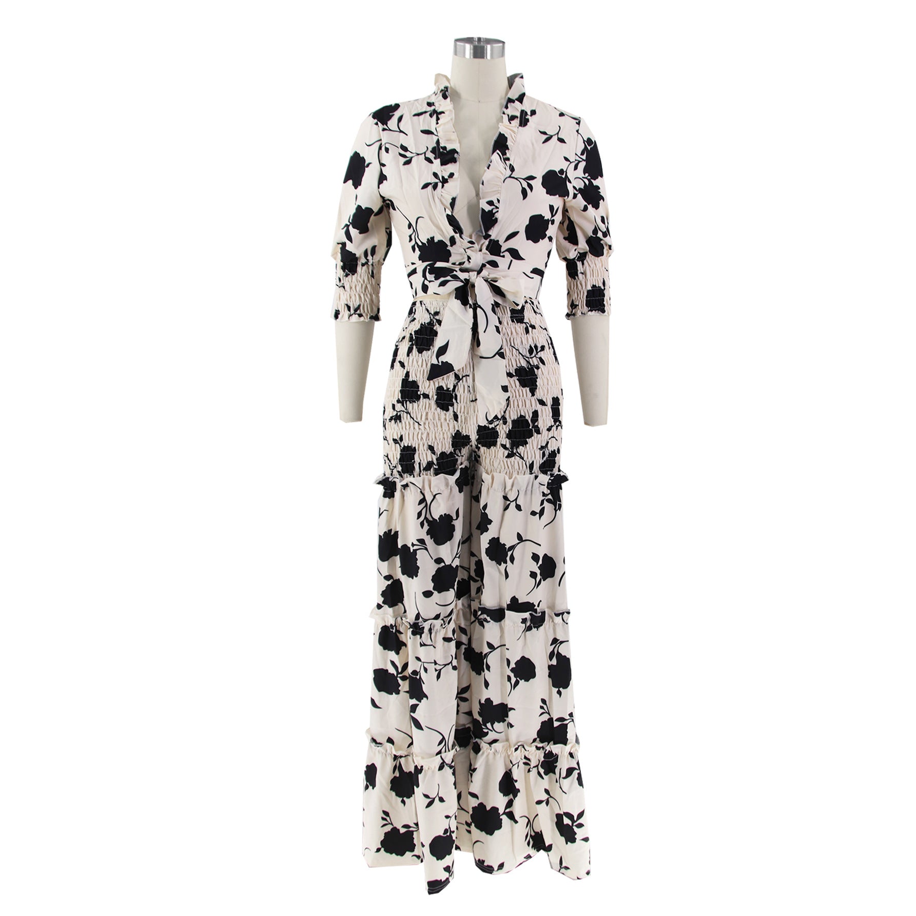 Sexy Printed Lace-Up Shirt Wide-Leg Pants Summer Two-Piece Set 6